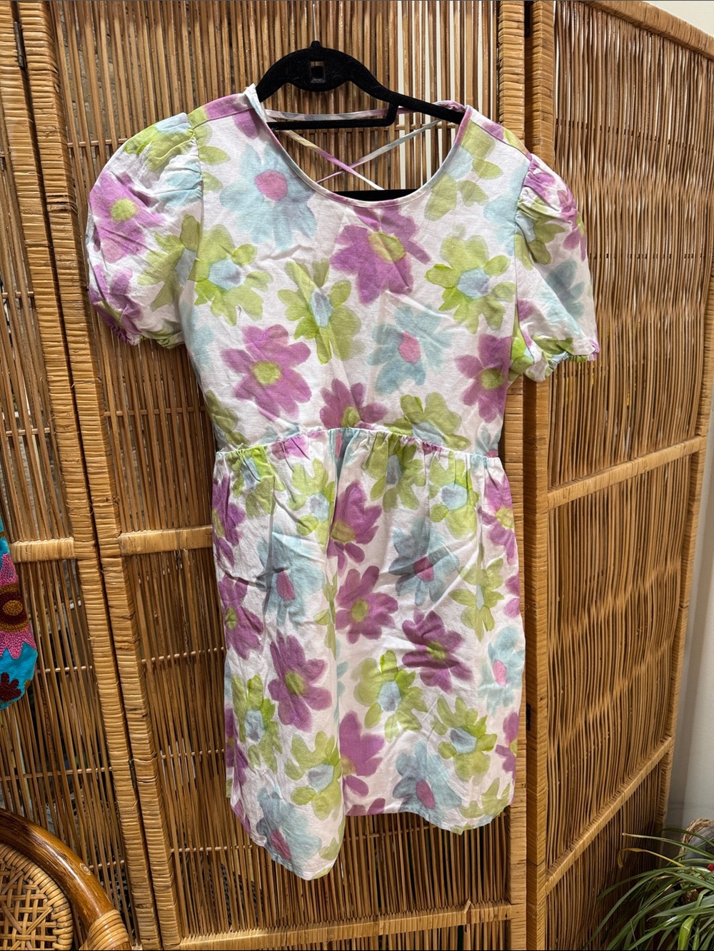 Sunday Best Floral Puff-Sleeve Dress in Pink, Green & Blue